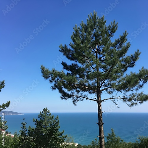 Tall pine tree stands against vibrant blue sky with tranquil ocean horizon