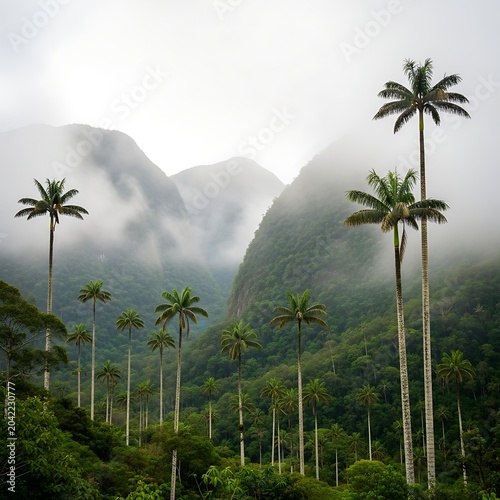 Tall palms rise from misty green hills, shrouded in cloud