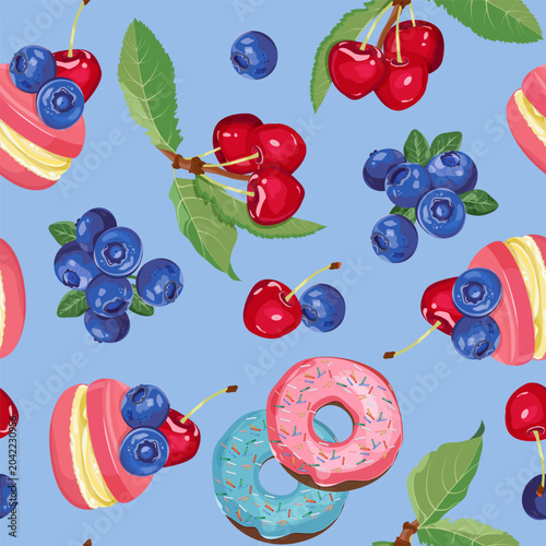 Seamless vector illustration featuring cakes and berries against a blue background. Ideal for decorating textiles and packaging.