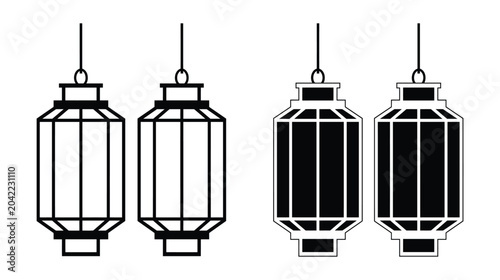Lantern vector icons in black and white hanging from strings