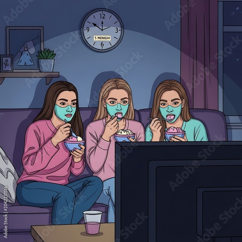 Three friends in face masks eat ice cream while watching TV