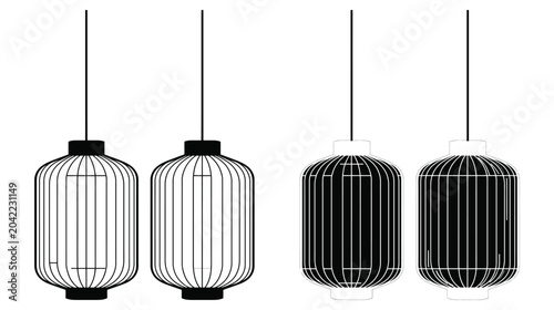 Wireframe pendant lights in black and white hanging from ceiling