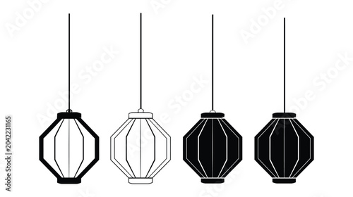 Lantern vector icons in different colors and styles hanging from ceiling