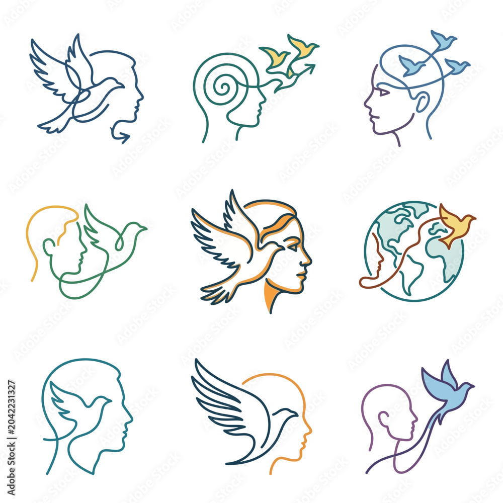 Fototapeta premium Abstract line art of human heads with birds and globe, symbolizing freedom and peace