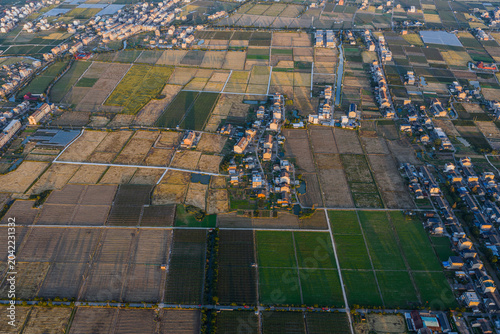 Aerial View of Rural Farmland and Village in Shiqiaotou, Wenling, China
