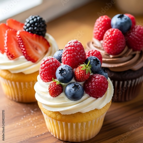 Three frosted cupcakes adorned with fresh berries and cream