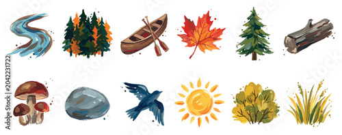Nature elements icons set. Outdoor adventure and forest symbols. River, trees, canoe, maple leaf, pine, log, mushrooms, rock, bird, sun, bush, grass. Watercolor brush stroke style