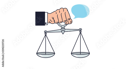 Foto Professional hand in a suit sleeve holds a balanced silver scale of justice with a light blue speech bubble above it