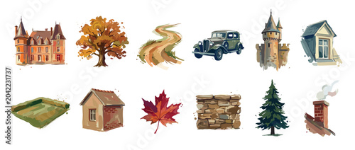Autumn landscape elements icons set. Buildings, nature, and vehicle symbols. Castle, tree, road, car, house, leaf, wall, pine, chimney. Watercolor painting style