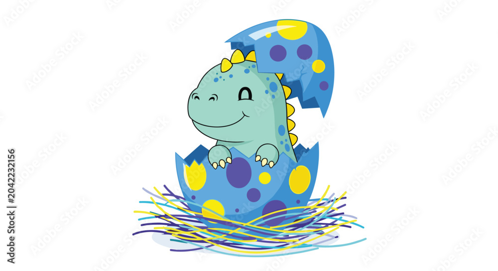 Fototapeta premium Small green baby dinosaur with a happy smile hatches from a blue speckled egg nestled in a bed of colorful straw.
