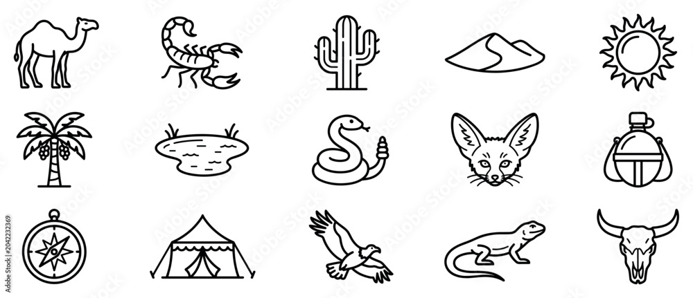 Fototapeta premium Desert and safari icons set. Wildlife and nature symbols. Camel, scorpion, cactus, sand dune, sun, palm tree, oasis, snake, fennec fox, canteen, compass, tent, eagle, lizard, bull skull