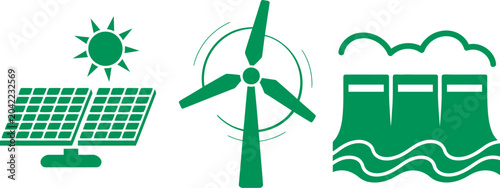 Bild auf Leinwand Green energy icons including solar panels, wind turbine, and hydroelectric dam o