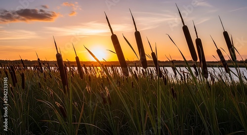 Tall reeds silhouetted against a fiery sunset over a tranquil body of water