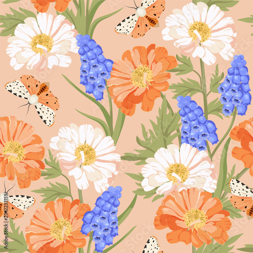 Tender hyacinth, chrysanthemums and moths against a pink backdrop create a stunning vector illustration that would be perfect for decorating textiles or packaging.