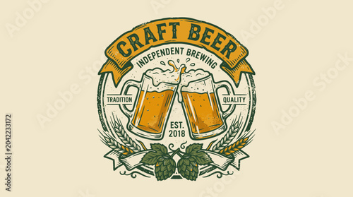 Bild auf Leinwand Craft beer illustration with toasted mugs and wheat