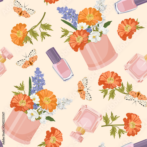 Seamless vector illustration featuring bouquets of chrysanthemum, perfume bottles and moths. Ideal for decorating textiles and packaging.