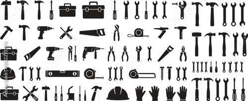 Black Work Tools Silhouettes Mega Pack with Hammers Wrenches Screwdrivers and Toolbox Icons Set Industrial Construction Hardware Vector Collection