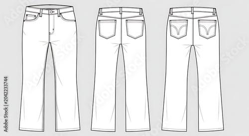 Technical drawings of white jeans from front, back, and reversed-back perspectives