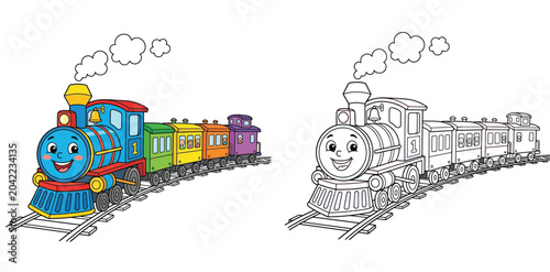 Fotografi Cute happy cartoon steam train coloring page illustration