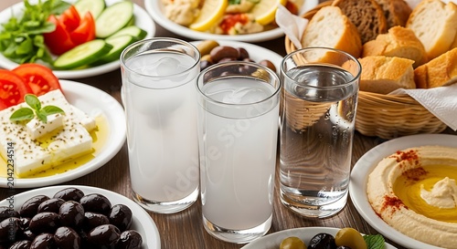 Three glasses with milky liquid and water, surrounded by Mediterranean food