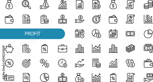 Profit icon set featuring money, finance, growth, investment, and income concepts. Editable line vector illustration for business, banking