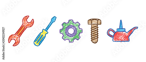 Repair tools icons set. Wrench, screwdriver, gear, bolt, and oil can. Maintenance and fixing symbols. Hand-drawn doodle style