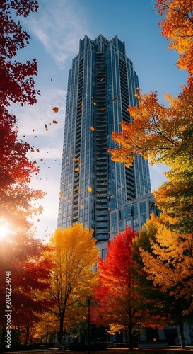 Tall skyscraper surrounded by vibrant autumn trees and falling leaves
