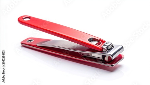 Red Nail Clippers on White Background for Personal Care.