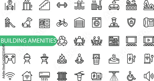 Building Amenities line editable icon set. Containing Building, Facilities, elevator, security, reception, parking, gym  Vector Illustration