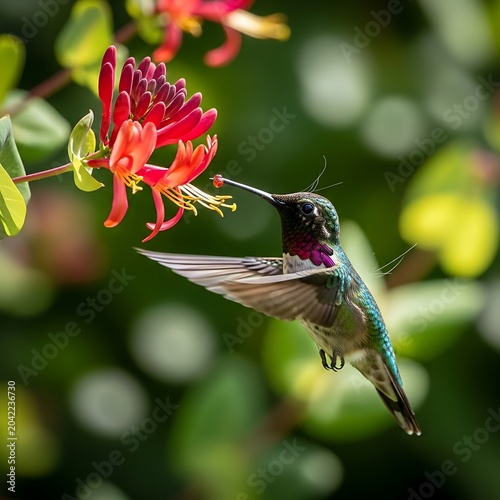 Tiny hummingbird with iridescent feathers sips nectar from bright red tubular flower