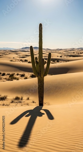 Tall, solitary cactus stands on a sun-drenched sand dune, casting a long shadow