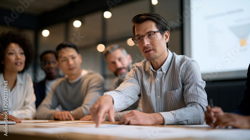 Multicultural group of adult learners gathers around a projected sales enablement platform training module in a modern office breakroom, one participant pointing at a conversion funnel graphic while