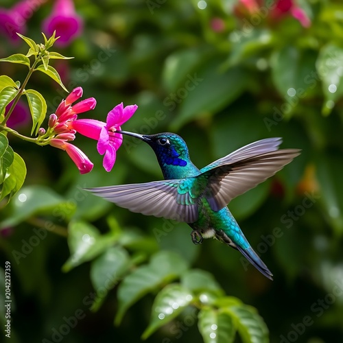 Tiny iridescent bird feeding on a vibrant pink trumpet flower