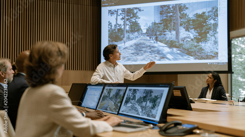 Urban sustainability consultant presenting AI planning scenario models to city council subcommittee, projection showing pedestrian zone redesign simulations, formal meeting room, multicultural panel