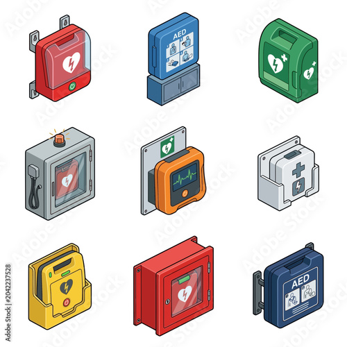 Automated External Defibrillator (AED) Devices - Set of 9 Isometric Icons