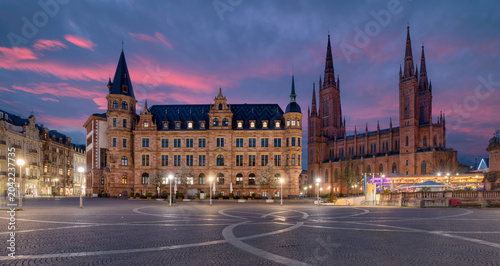 Wiesbaden, Germany - view of Marktplatz square with New Town Hall and Marktkirche church at dusk 