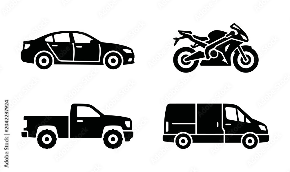 Fototapeta premium Essential black and white vector icons illustrating a range of common road vehicles, from passenger cars to utility vans and motorcycles, symbolizing diverse mobility and transport concepts