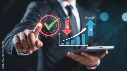 Businessman pointing at target with checkmark symbolizing success and growth in cost reduction and quality improvement.
