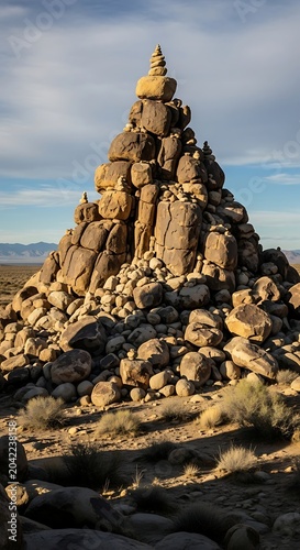 Tall, stacked cairn of rough rocks in arid desert landscape, warm light