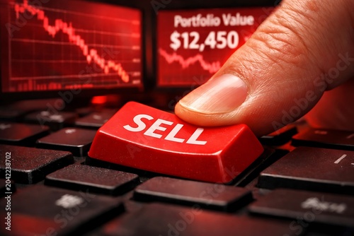 Finger Pressing 'SELL' Button Amidst Red Declining Financial Charts