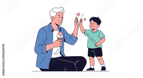 Father and his young son share a happy high five while the father holds a chocolate ice cream cone during an outing.