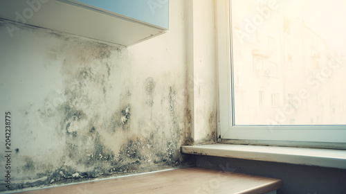 A close-up view of mold growth on a wall, highlighting the importance of health and clean living spaces in indoor environments.