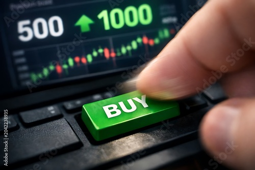 Hand Pressing 'BUY' Button on Keyboard with Bullish Stock Market Chart