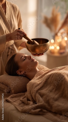 A serene woman enjoys a healing sound therapy session in a tranquil spa setting.