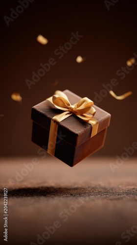 Elegant brown gift box with gold ribbon, floating against a dark background