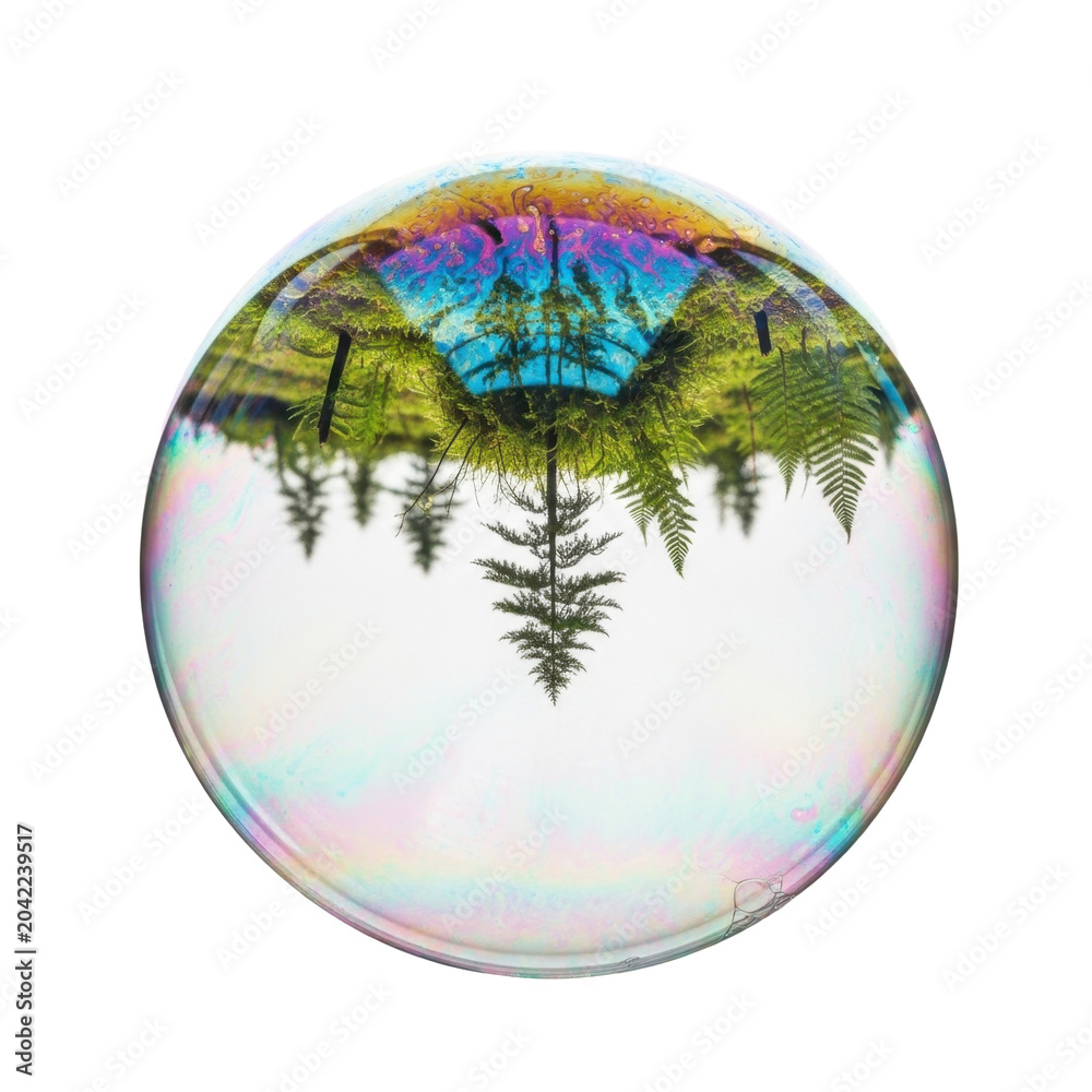 Fototapeta premium Iridescent bubble reflecting forest and sky