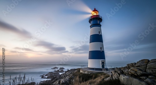 Tall striped lighthouse glows on rocky shore, illuminating misty sea at dusk