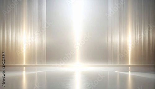 Elegant white and gold stage background with shining curtains of bright light　縦ラインの光が降り注ぐ白とゴールドのエレガントなステージ 背景素材　イラスト