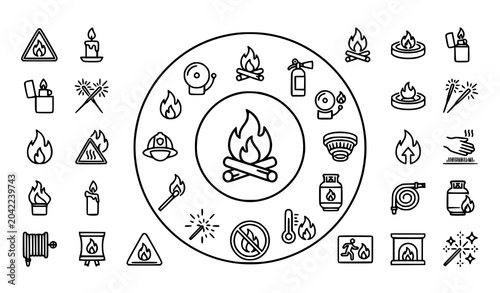 Fotografie Fire Line Vector Icon Set Editable Stroke Flame Collection