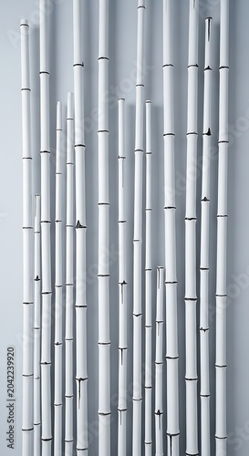 Tall, thin, white bamboo stalks arranged vertically, casting subtle shadows